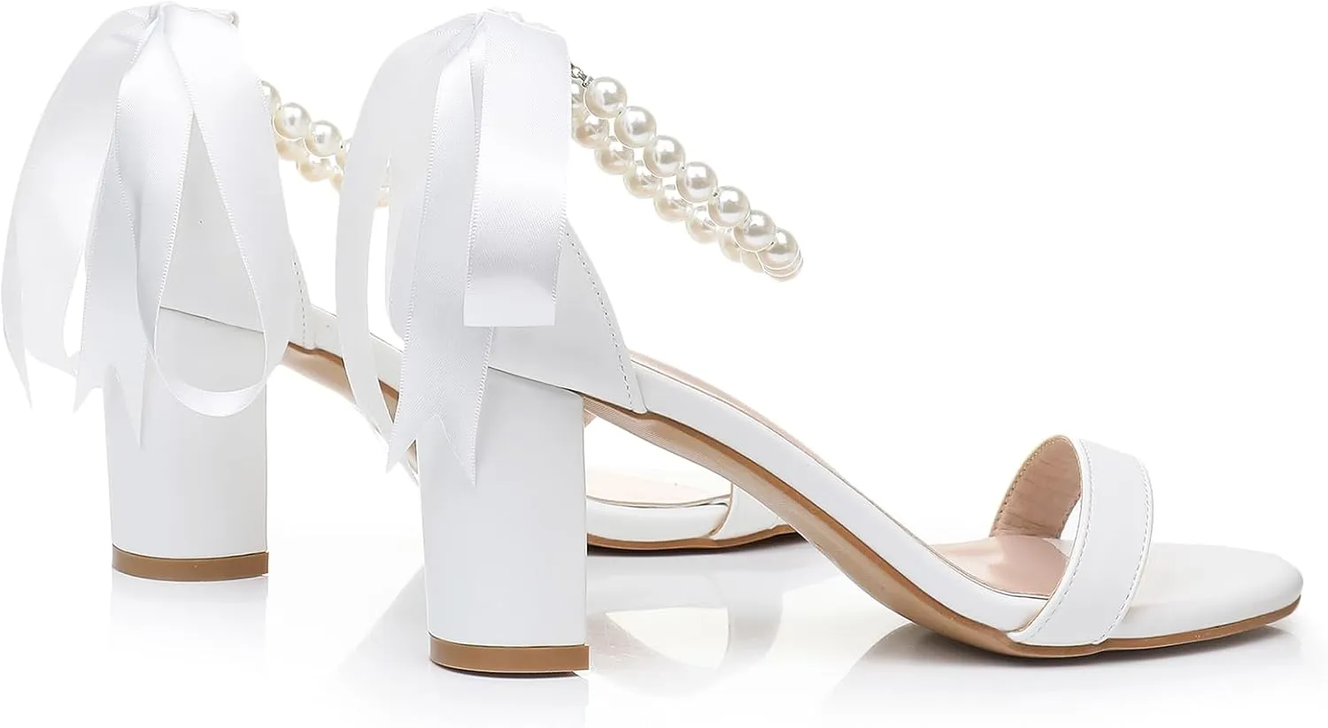 Wedding Shoes for Bride Pearl Heels White Bridal Sandals Leather Peep Toe 3 Inch Chunky Heel for Bride Prom Party Evening Casual