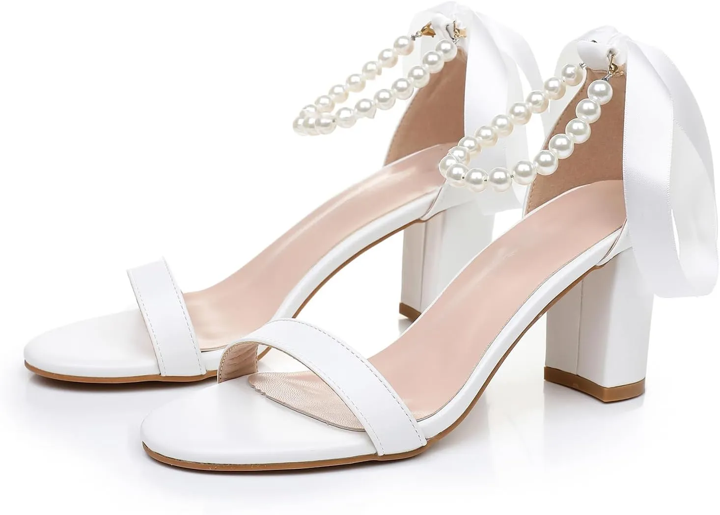 Wedding Shoes for Bride Pearl Heels White Bridal Sandals Leather Peep Toe 3 Inch Chunky Heel for Bride Prom Party Evening Casual