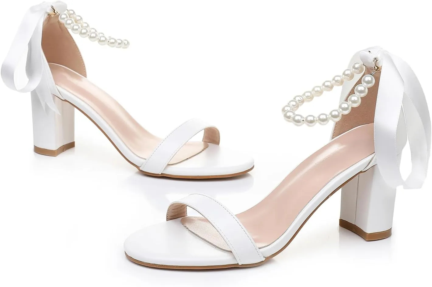 Wedding Shoes for Bride Pearl Heels White Bridal Sandals Leather Peep Toe 3 Inch Chunky Heel for Bride Prom Party Evening Casual