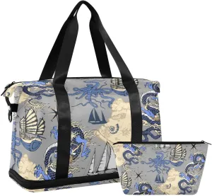 Weekender Bag Set Asian Dragon Octopus Sea Voyages Sport Travel Duffel Bag Large Tote Bag with Shoe Compartment