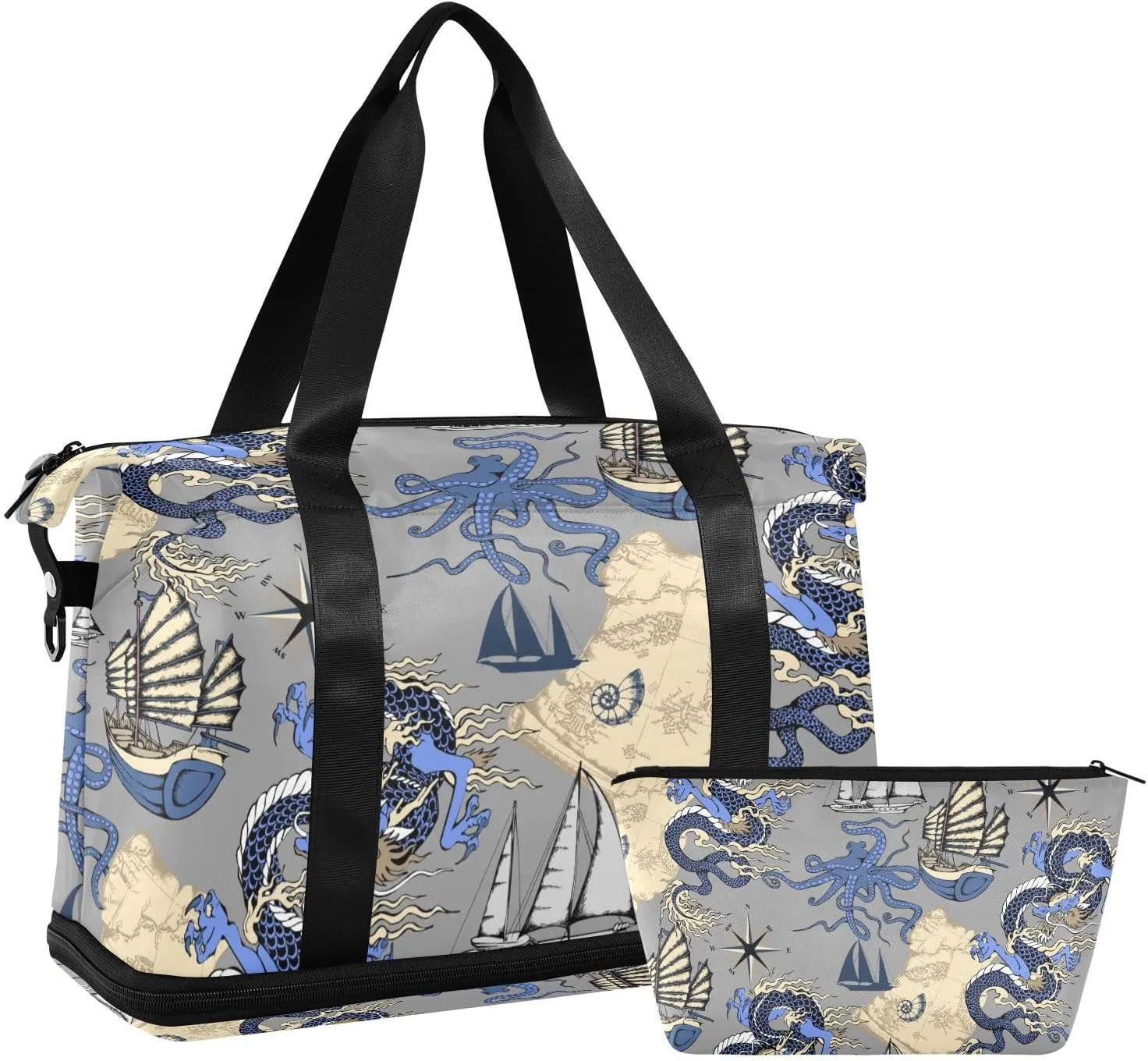 Weekender Bag Set Asian Dragon Octopus Sea Voyages Sport Travel Duffel Bag Large Tote Bag with Shoe Compartment