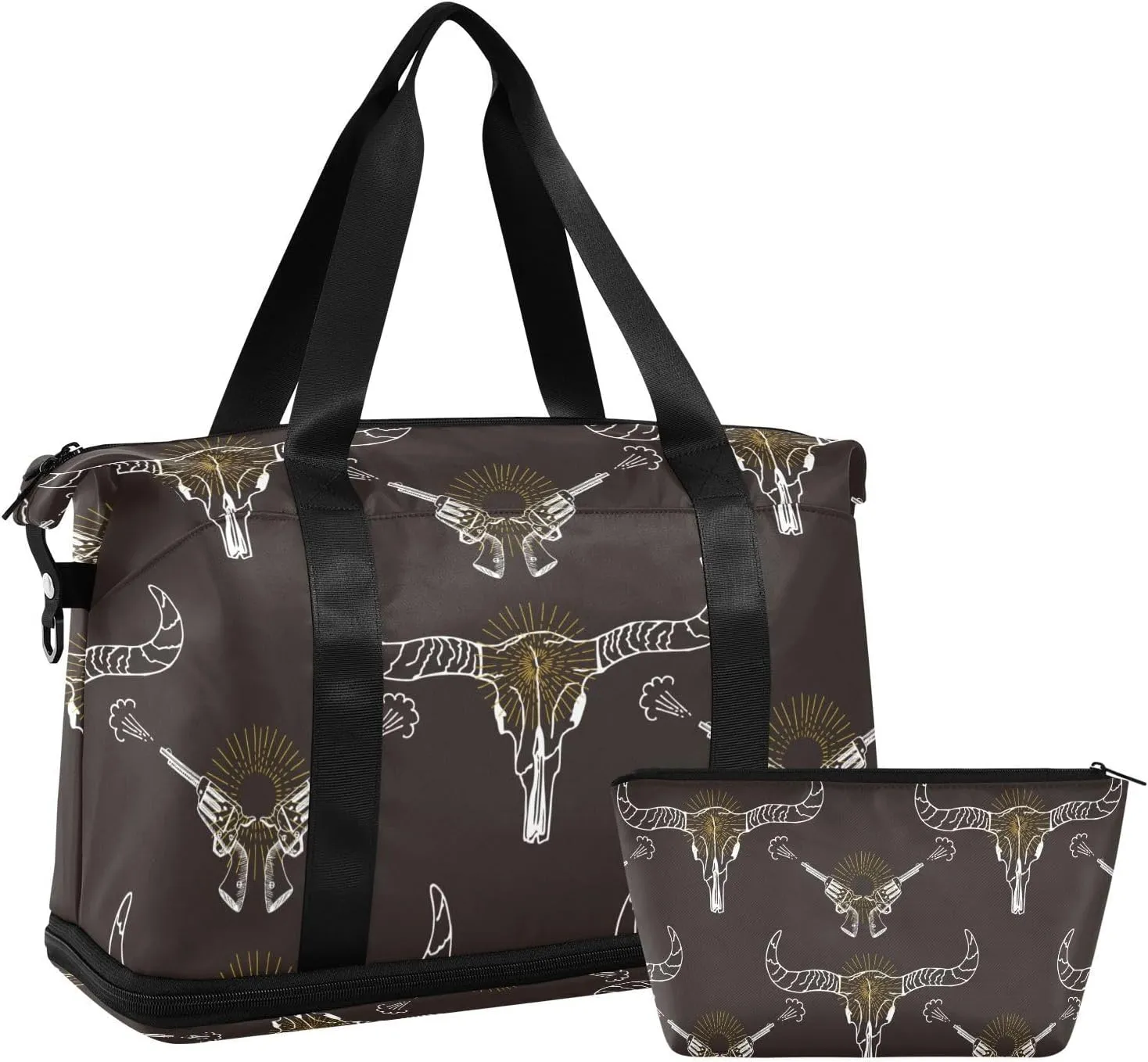 Weekender Bag Set Bull Horn Skull Sport Travel Duffel Bag Large Tote Bag with Shoe Compartment