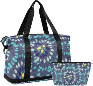 Weekender Bag Set Ethnic Blue Dot Circles Sport Travel Duffel Bag Large Tote Bag with Shoe Compartment