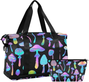 Weekender Bag Set Hippie Colorful Magic Mushrooms Sport Travel Duffel Bag Large Tote Bag with Shoe Compartment