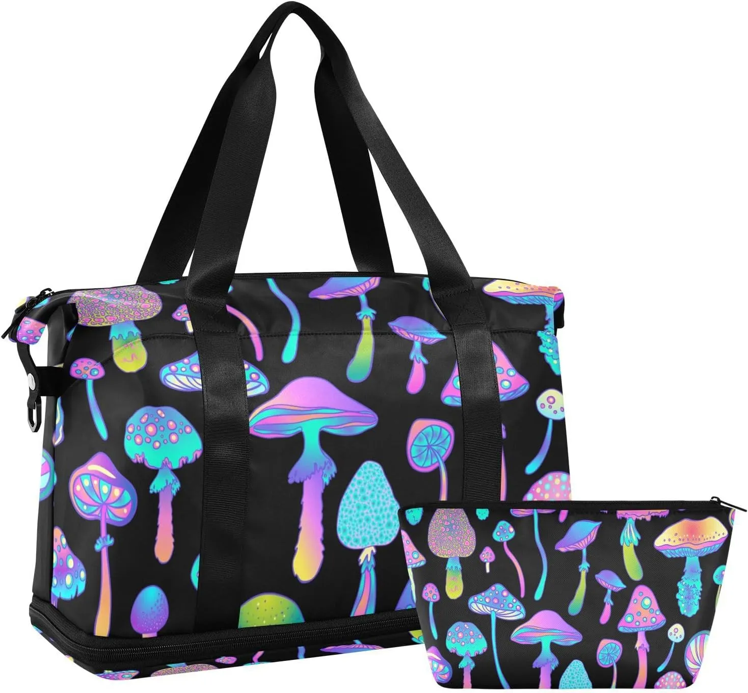 Weekender Bag Set Hippie Colorful Magic Mushrooms Sport Travel Duffel Bag Large Tote Bag with Shoe Compartment