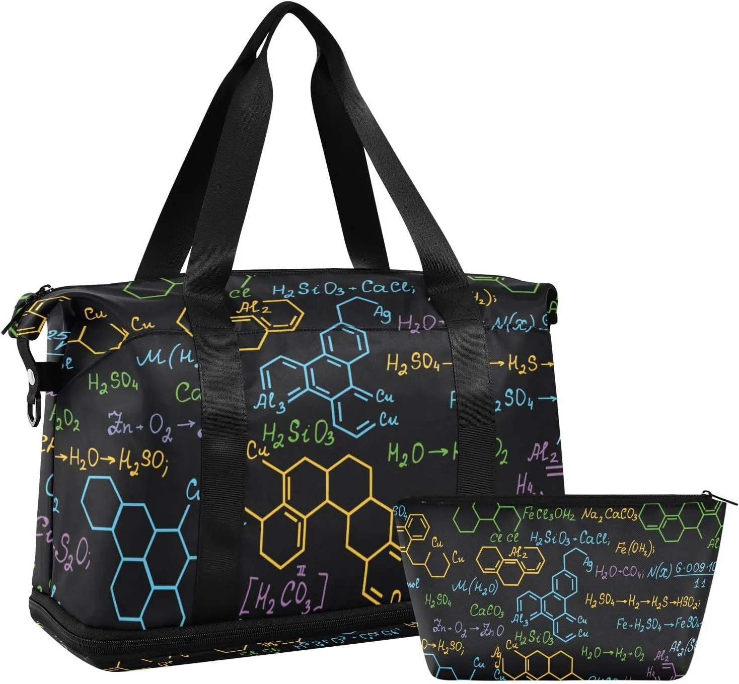 Weekender Bag Set Multicolored Chemistry Molecular Formulas Sport Travel Duffel Bag Large Tote Bag with Shoe Compartment
