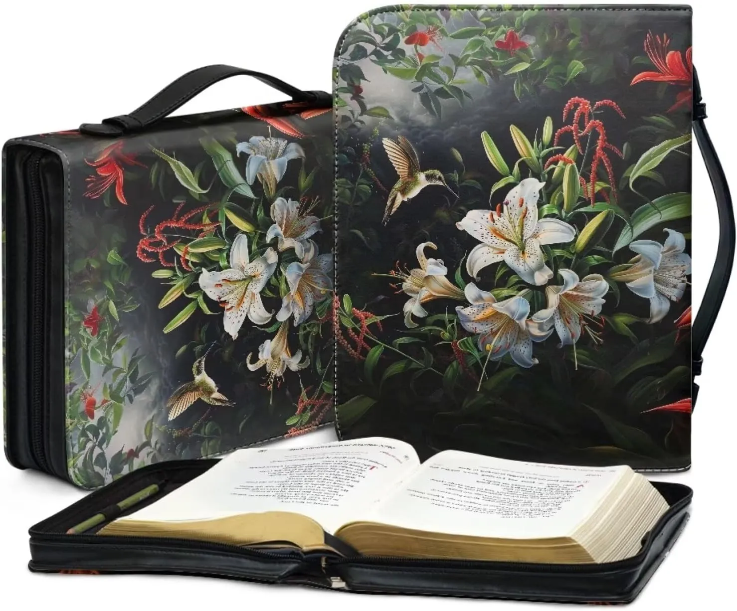 White Tulip Flowers Bible Tote Cover for Women,Floral Church Bag Bible Protective with Zippered Pocket, Waterproof Bible Case for Worships,L