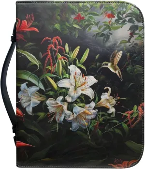White Tulip Flowers Bible Tote Cover for Women,Floral Church Bag Bible Protective with Zippered Pocket, Waterproof Bible Case for Worships,L