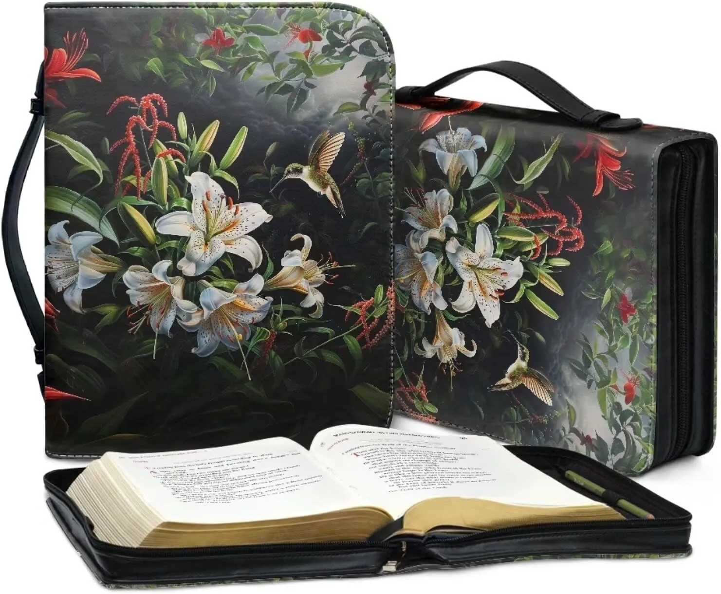 White Tulip Flowers Bible Tote Cover for Women,Floral Church Bag Bible Protective with Zippered Pocket, Waterproof Bible Case for Worships,L