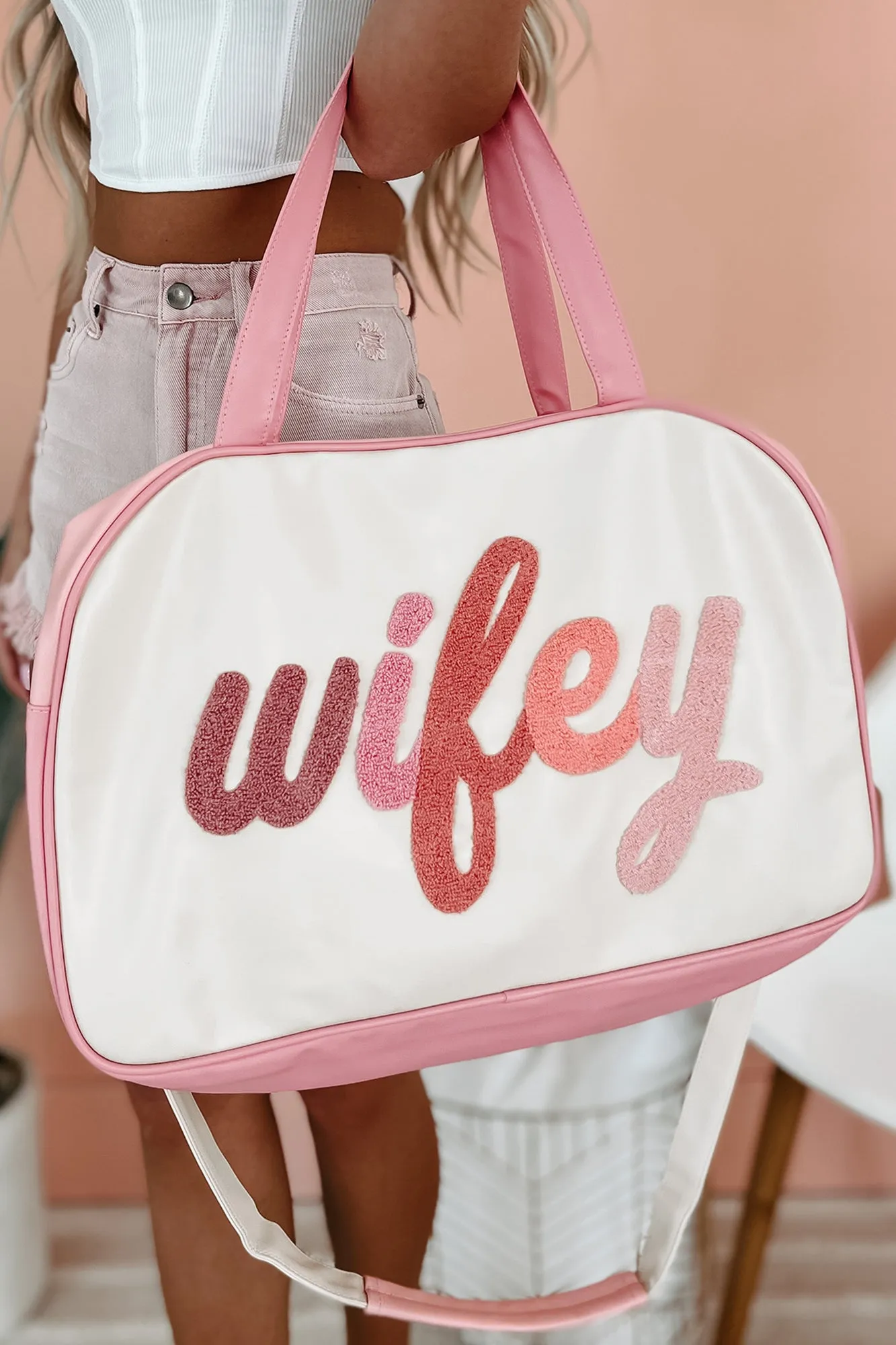 Wifey Weekender Faux Leather Duffle Bag (Blush Multi)