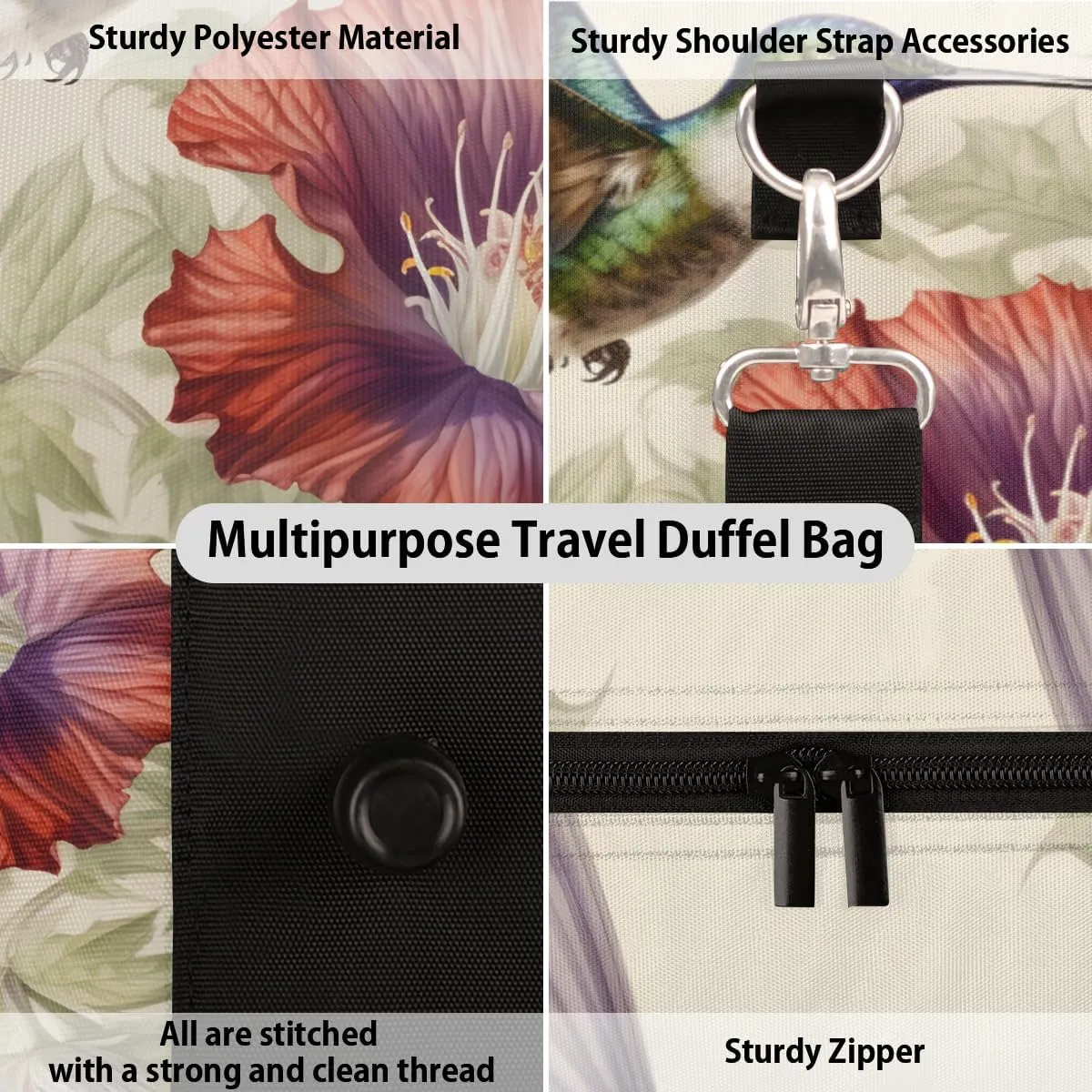 Wildlife Hummingbird Travel Duffle Bag for Women Men Gym Duffel Foldable Bag Waterproof Weekender Watercolor Flower Duffle Tote