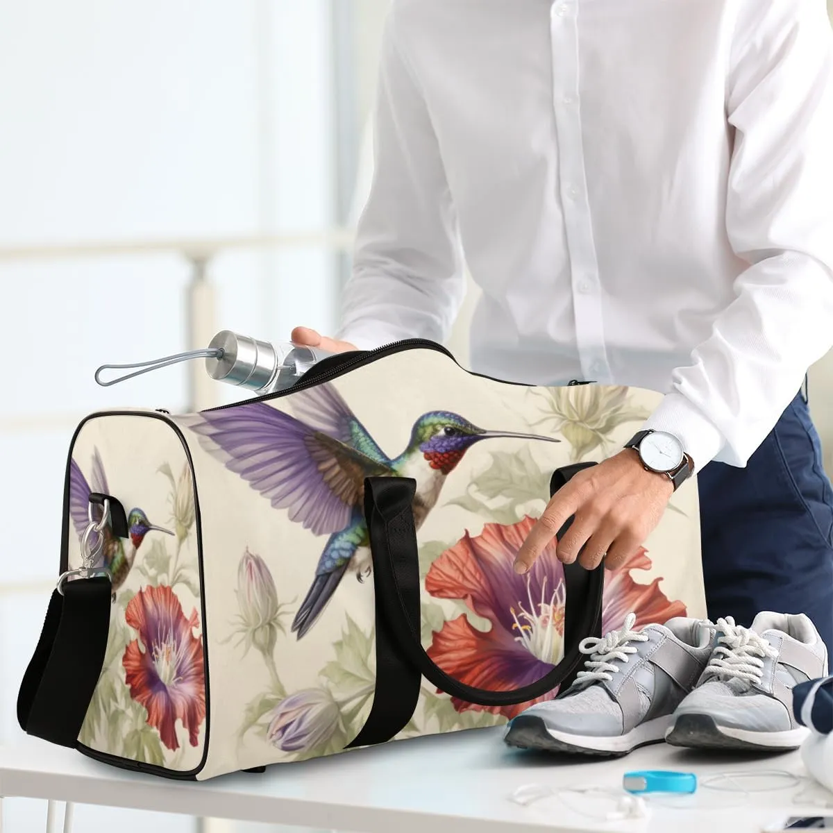 Wildlife Hummingbird Travel Duffle Bag for Women Men Gym Duffel Foldable Bag Waterproof Weekender Watercolor Flower Duffle Tote