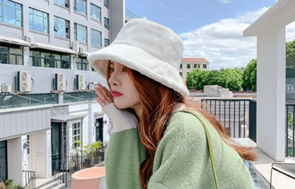 Winter Plush Bucket Hat for Women Men Classic Solid Color Faux Fur Fisherman Cap