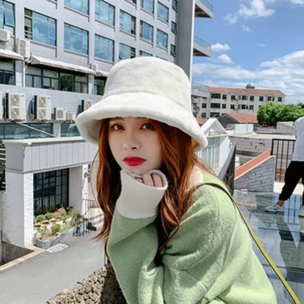 Winter Plush Bucket Hat for Women Men Classic Solid Color Faux Fur Fisherman Cap
