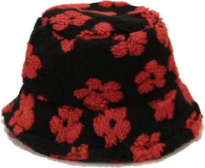 Winter Warm Plush Fuzzy Bucket Hat Faux Fur Daisy Flowers Shearling Fisherman Hats for Women