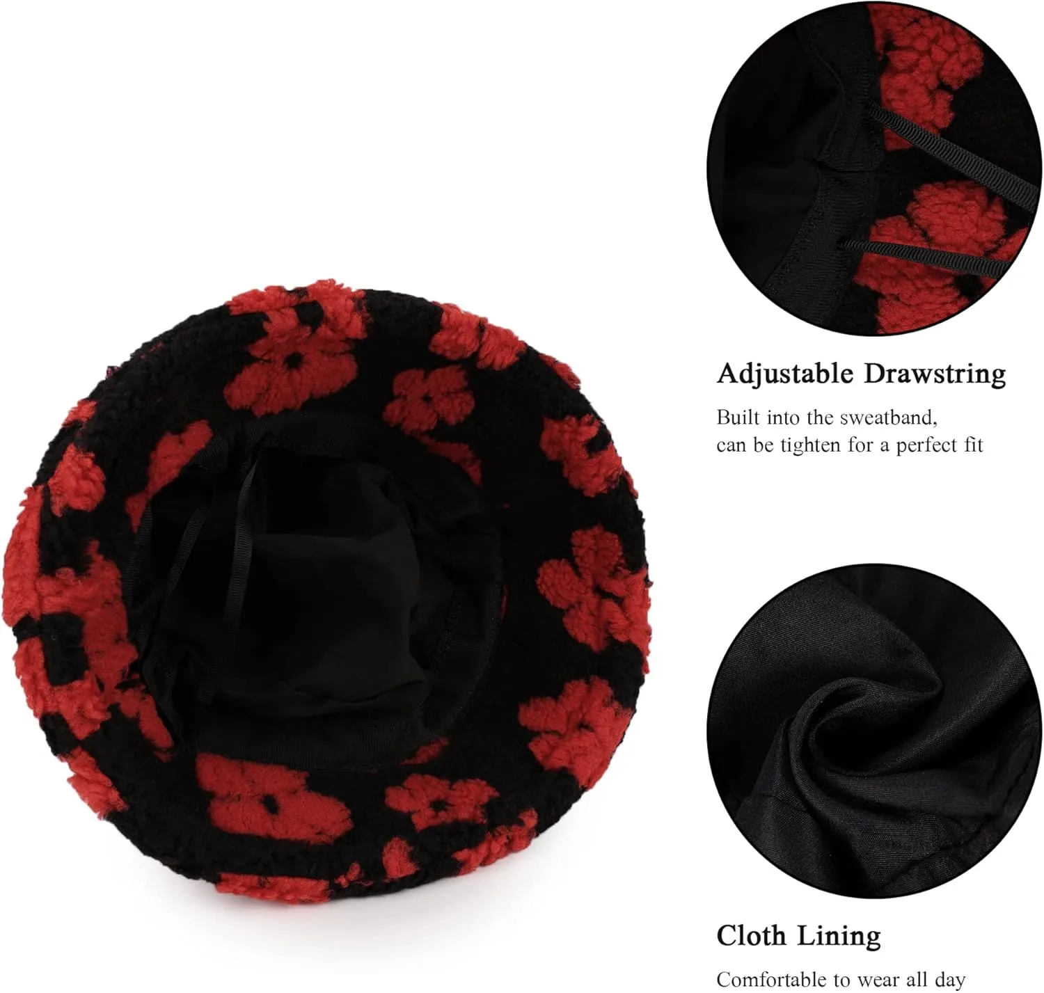 Winter Warm Plush Fuzzy Bucket Hat Faux Fur Daisy Flowers Shearling Fisherman Hats for Women