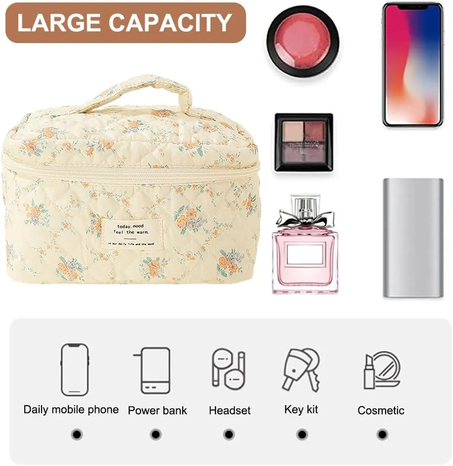 Women Aesthetic Toiletry Purse Printed Cotton Quilted Makeup Handbag Large Capacity Zipper Closure Girls Daily Handbag (Style Two)
