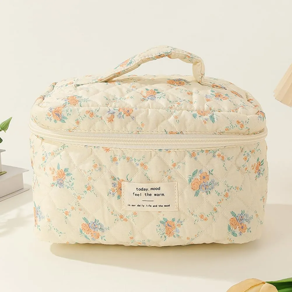 Women Aesthetic Toiletry Purse Printed Cotton Quilted Makeup Handbag Large Capacity Zipper Closure Girls Daily Handbag (Style Two)