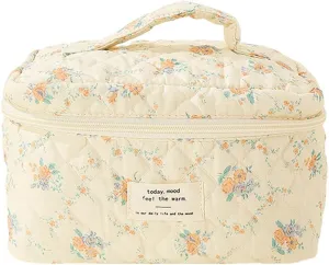 Women Aesthetic Toiletry Purse Printed Cotton Quilted Makeup Handbag Large Capacity Zipper Closure Girls Daily Handbag (Style Two)
