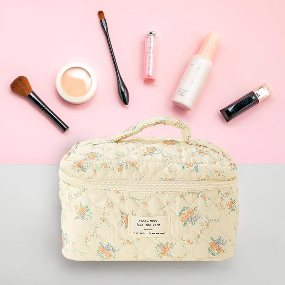 Women Aesthetic Toiletry Purse Printed Cotton Quilted Makeup Handbag Large Capacity Zipper Closure Girls Daily Handbag (Style Two)