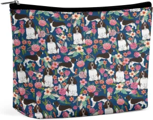 Women English Springer Spaniel And Retro Floral Pat Toiletry Bag Holder Multifunction Travel Makeup Lazy Zipper Tote Bag Large Capacity for Toiletry Digital Accessories Travel