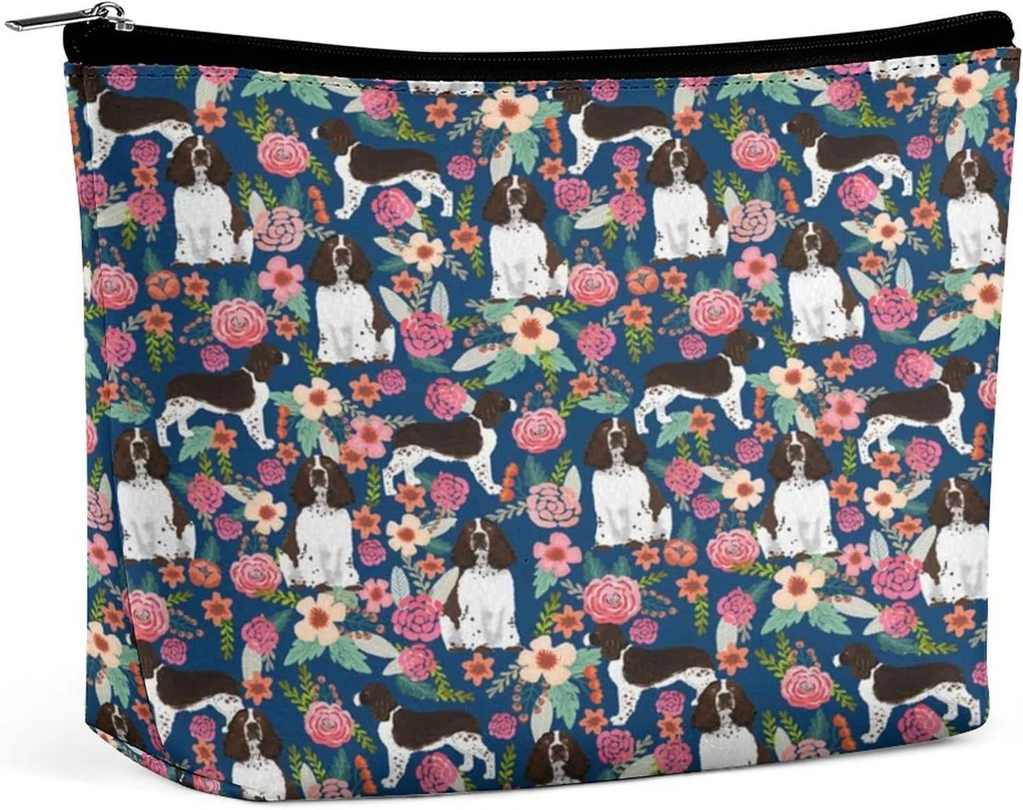 Women English Springer Spaniel And Retro Floral Pat Toiletry Bag Holder Multifunction Travel Makeup Lazy Zipper Tote Bag Large Capacity for Toiletry Digital Accessories Travel