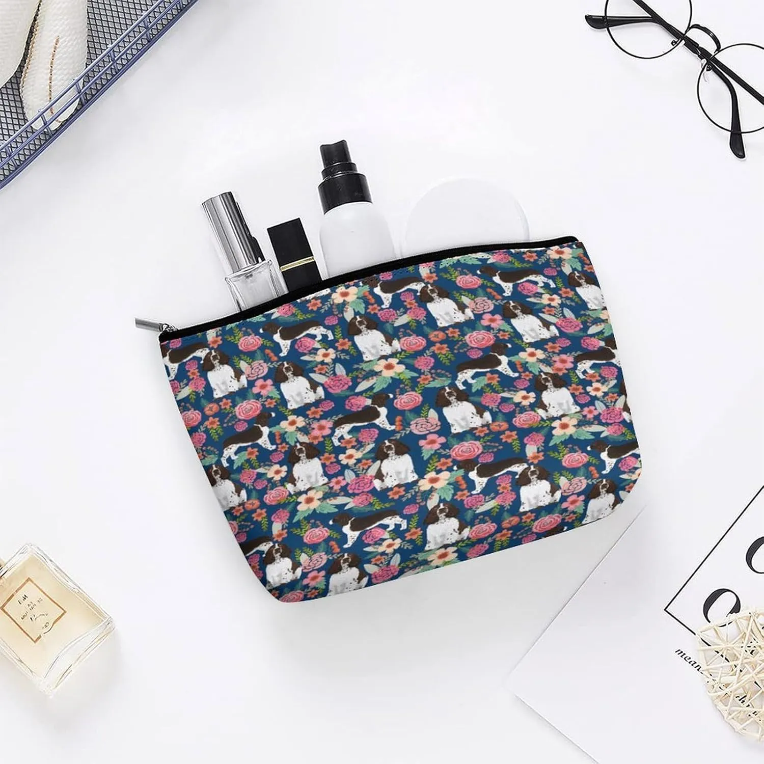 Women English Springer Spaniel And Retro Floral Pat Toiletry Bag Holder Multifunction Travel Makeup Lazy Zipper Tote Bag Large Capacity for Toiletry Digital Accessories Travel