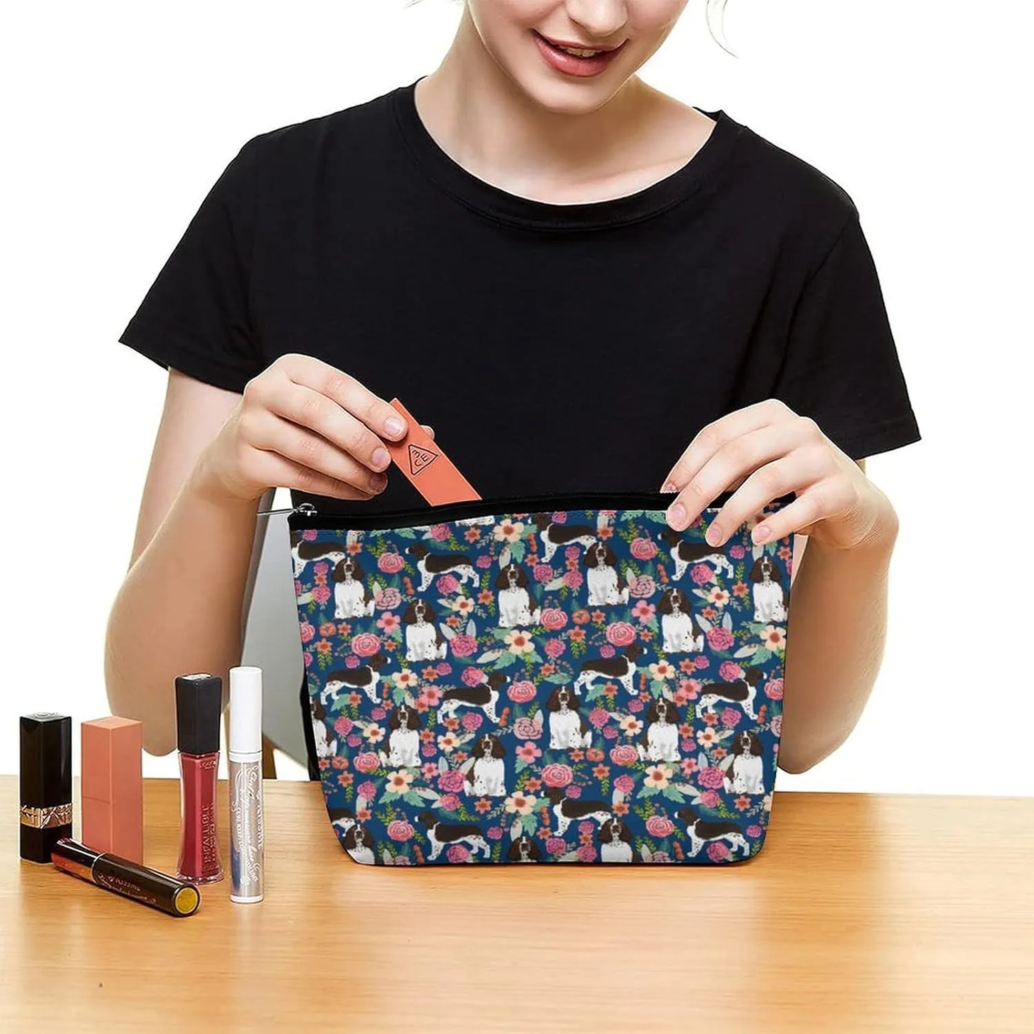 Women English Springer Spaniel And Retro Floral Pat Toiletry Bag Holder Multifunction Travel Makeup Lazy Zipper Tote Bag Large Capacity for Toiletry Digital Accessories Travel