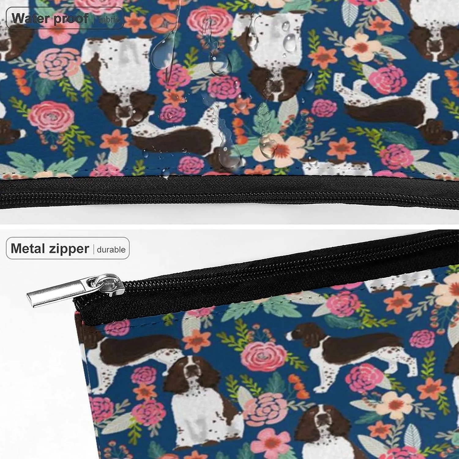Women English Springer Spaniel And Retro Floral Pat Toiletry Bag Holder Multifunction Travel Makeup Lazy Zipper Tote Bag Large Capacity for Toiletry Digital Accessories Travel