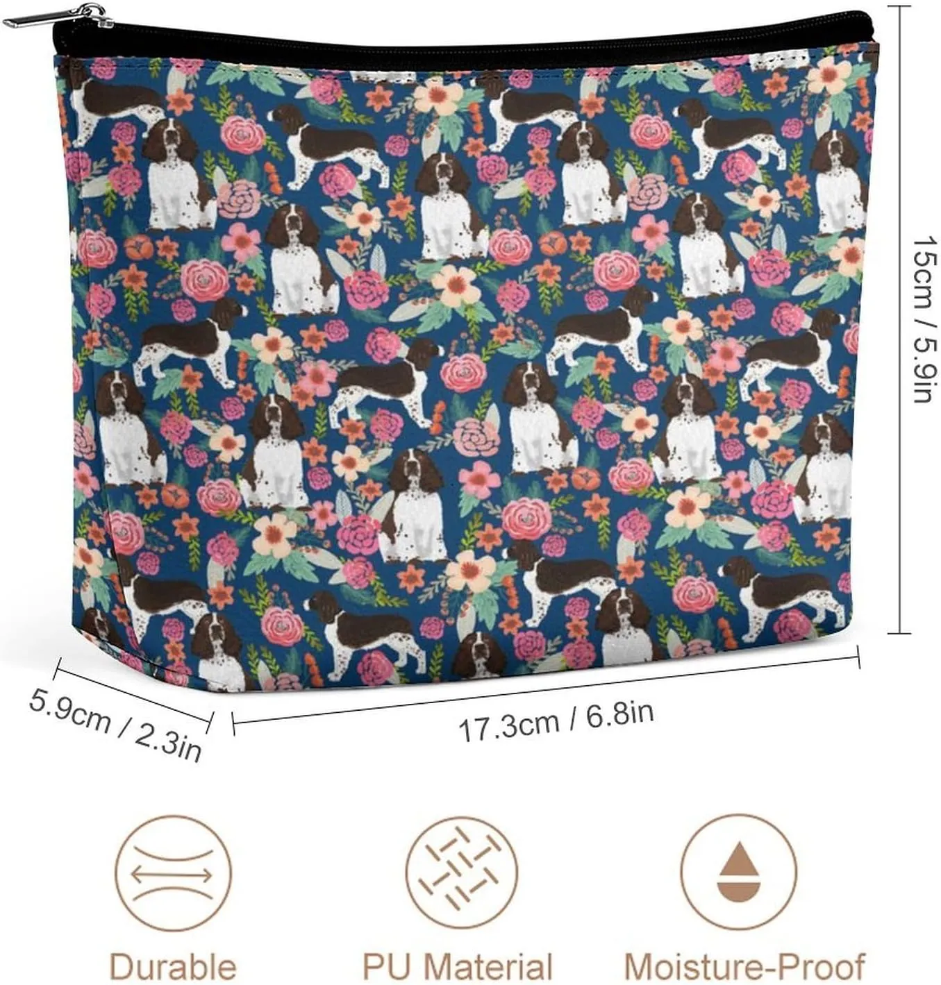 Women English Springer Spaniel And Retro Floral Pat Toiletry Bag Holder Multifunction Travel Makeup Lazy Zipper Tote Bag Large Capacity for Toiletry Digital Accessories Travel