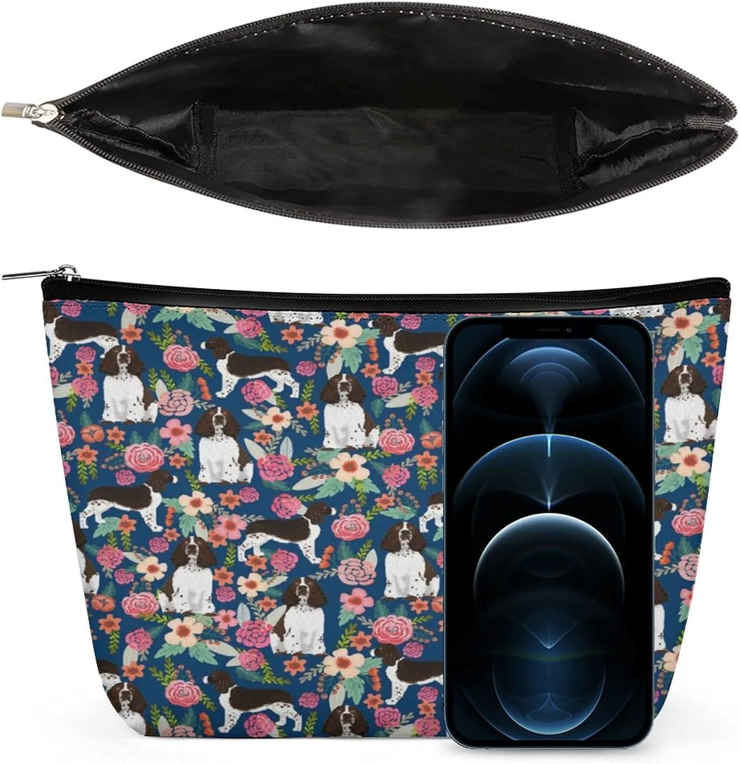 Women English Springer Spaniel And Retro Floral Pat Toiletry Bag Holder Multifunction Travel Makeup Lazy Zipper Tote Bag Large Capacity for Toiletry Digital Accessories Travel