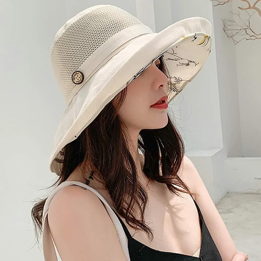 Women Mesh Sun Hats Summer Beach UV Protection UPF Packable Wide Brim Chin Strap