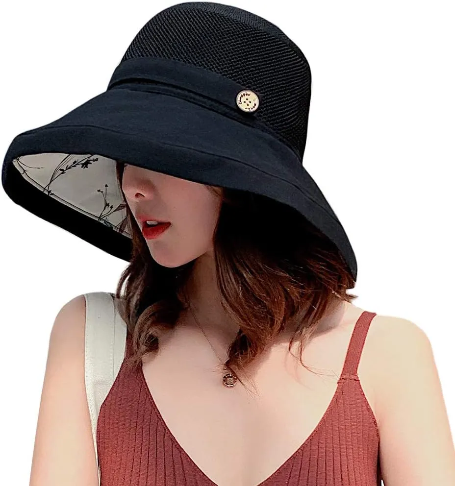 Women Mesh Sun Hats Summer Beach UV Protection UPF Packable Wide Brim Chin Strap