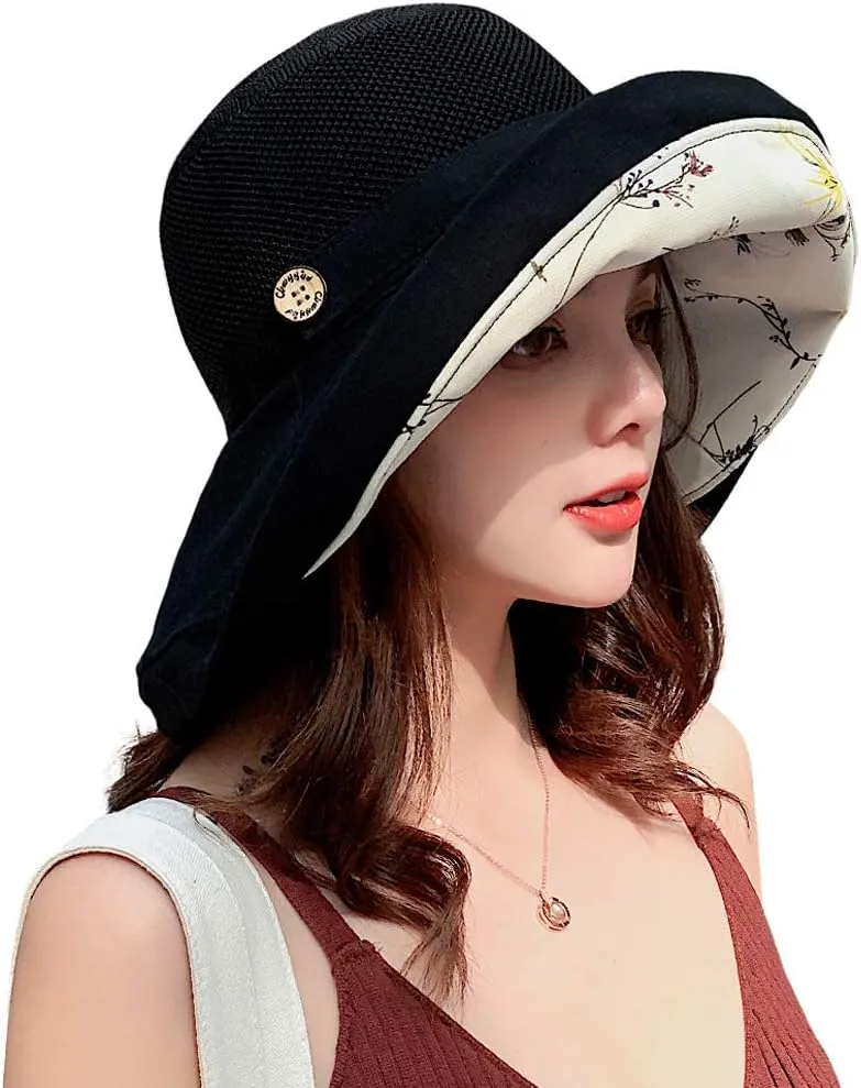 Women Mesh Sun Hats Summer Beach UV Protection UPF Packable Wide Brim Chin Strap