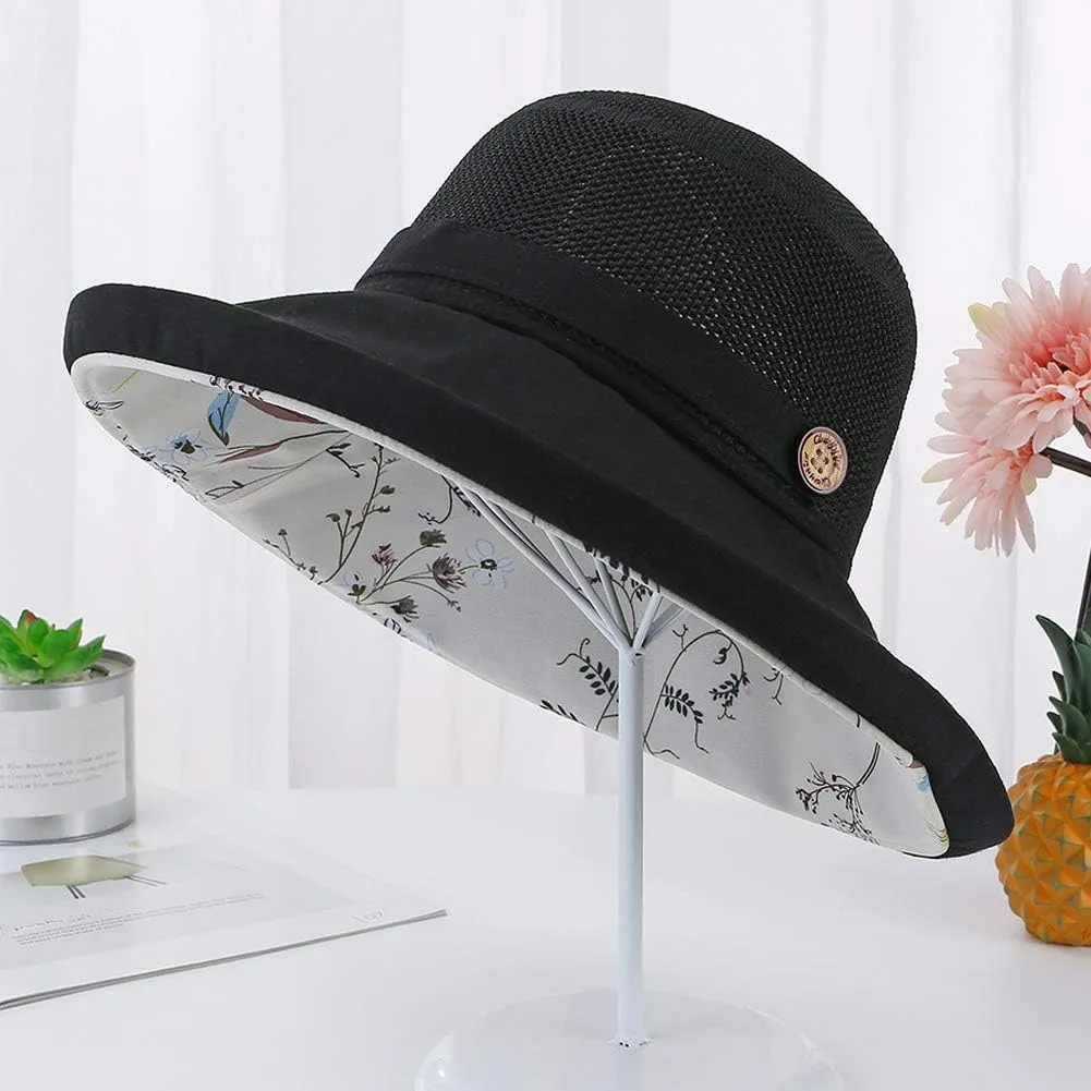 Women Mesh Sun Hats Summer Beach UV Protection UPF Packable Wide Brim Chin Strap