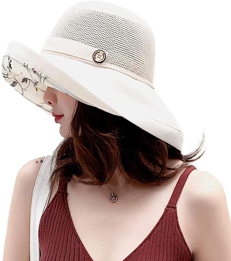 Women Mesh Sun Hats Summer Beach UV Protection UPF Packable Wide Brim Chin Strap