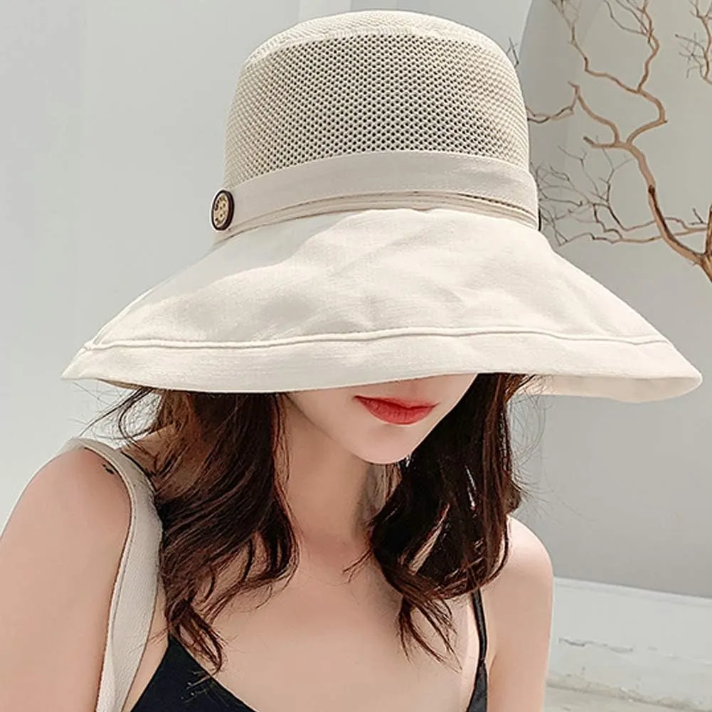Women Mesh Sun Hats Summer Beach UV Protection UPF Packable Wide Brim Chin Strap