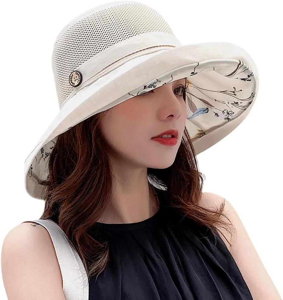 Women Mesh Sun Hats Summer Beach UV Protection UPF Packable Wide Brim Chin Strap