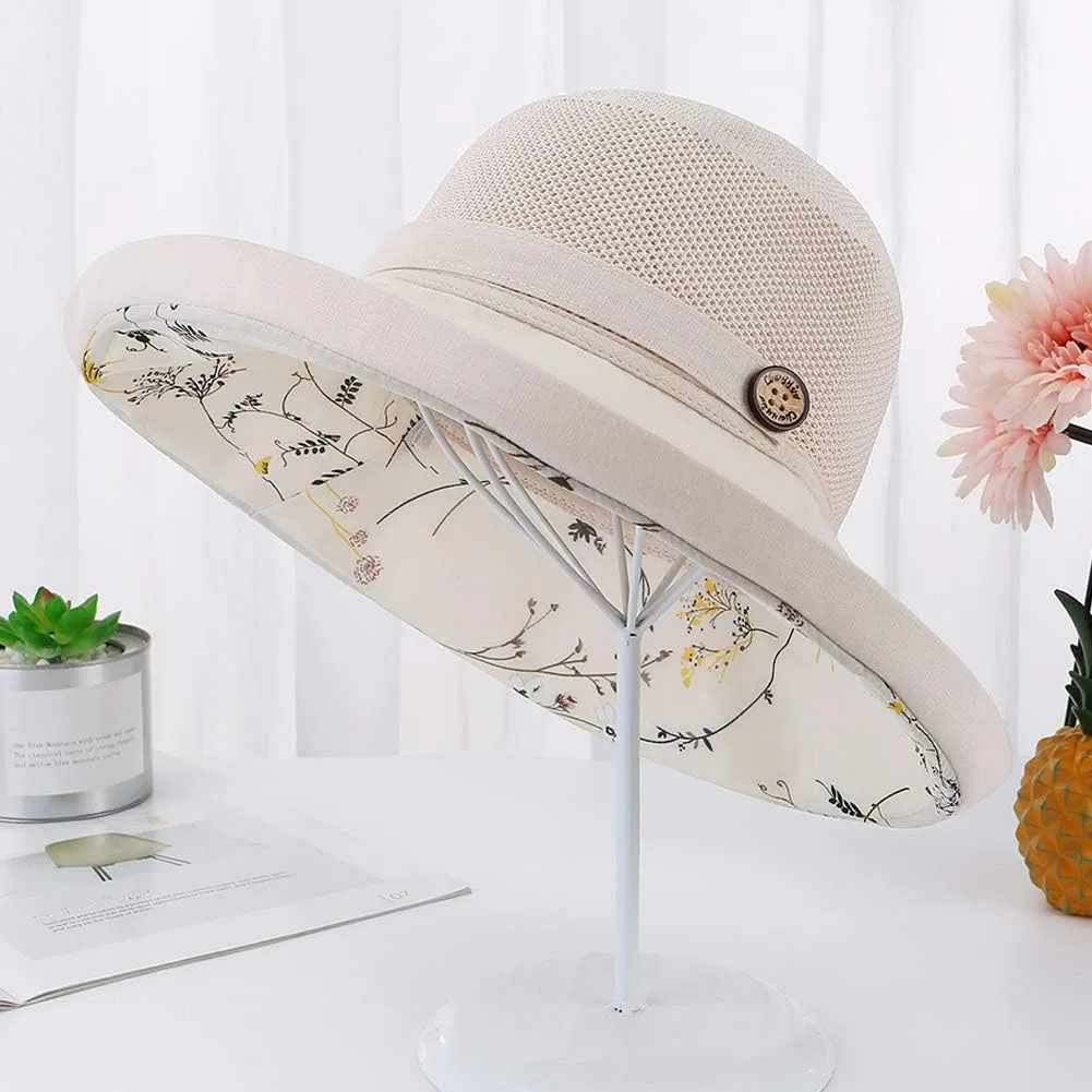 Women Mesh Sun Hats Summer Beach UV Protection UPF Packable Wide Brim Chin Strap