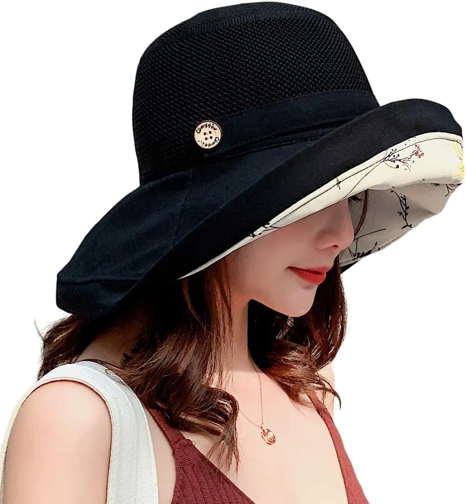 Women Mesh Sun Hats Summer Beach UV Protection UPF Packable Wide Brim Chin Strap