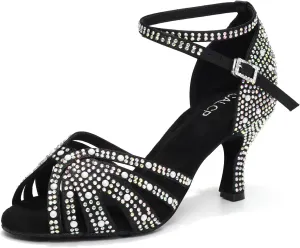 Women Rhinestones Ballroom Dance Shoes Latin Salsa Bachata Practice Performance Dancer Dancing Shoes, Model QRX-L506-7.5