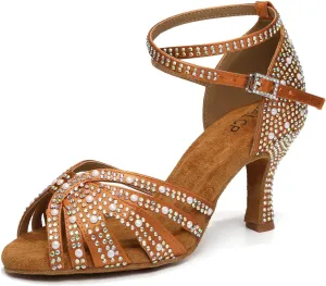 Women Rhinestones Ballroom Dance Shoes Latin Salsa Bachata Practice Performance Dancer Dancing Shoes, Model QRX-L506-7.5