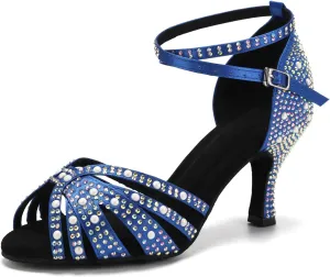 Women Rhinestones Ballroom Dance Shoes Latin Salsa Bachata Practice Performance Dancer Dancing Shoes, Model QRX-L506-7.5