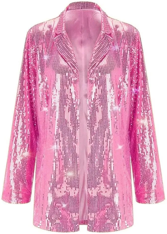 Women Sequin Jacket Glitter Sparkle Open Front Casual Long Sleeve Blazer Coat