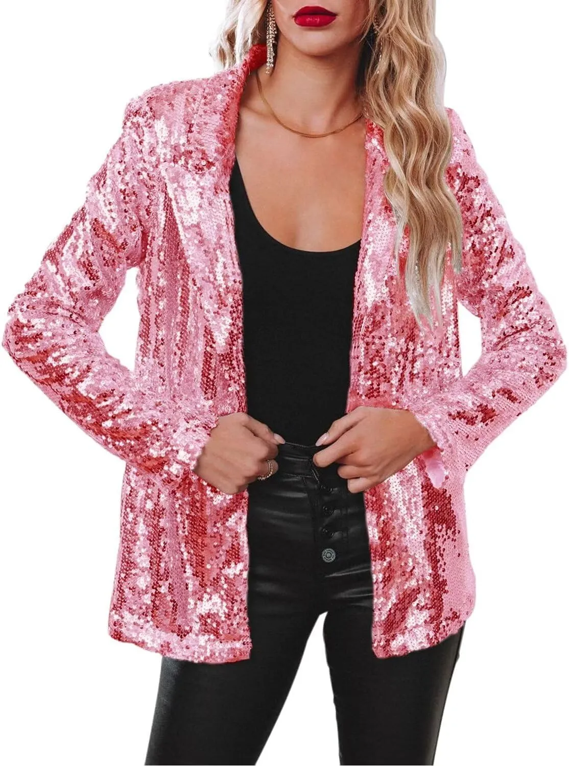 Women Sequin Jacket Glitter Sparkle Open Front Casual Long Sleeve Blazer Coat