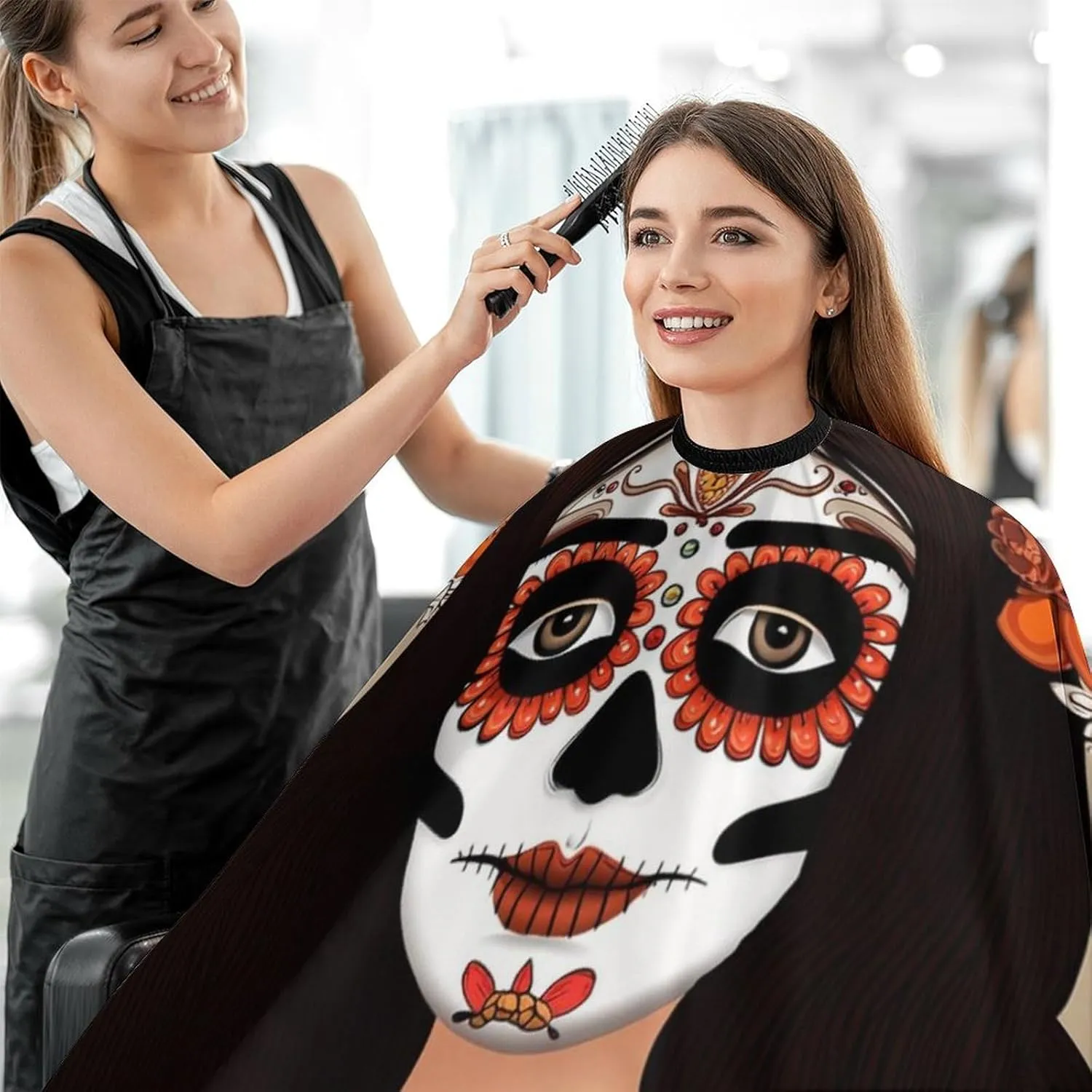 Women Sugar Skull Day of Dead Woman Floral Art Haircut Barber Cape Cover - Extra Large Hairdressing Apron for Home Stylists, Easy Clean