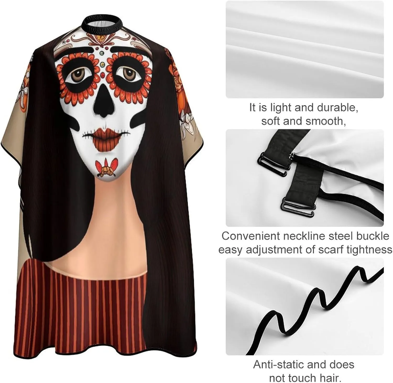 Women Sugar Skull Day of Dead Woman Floral Art Haircut Barber Cape Cover - Extra Large Hairdressing Apron for Home Stylists, Easy Clean