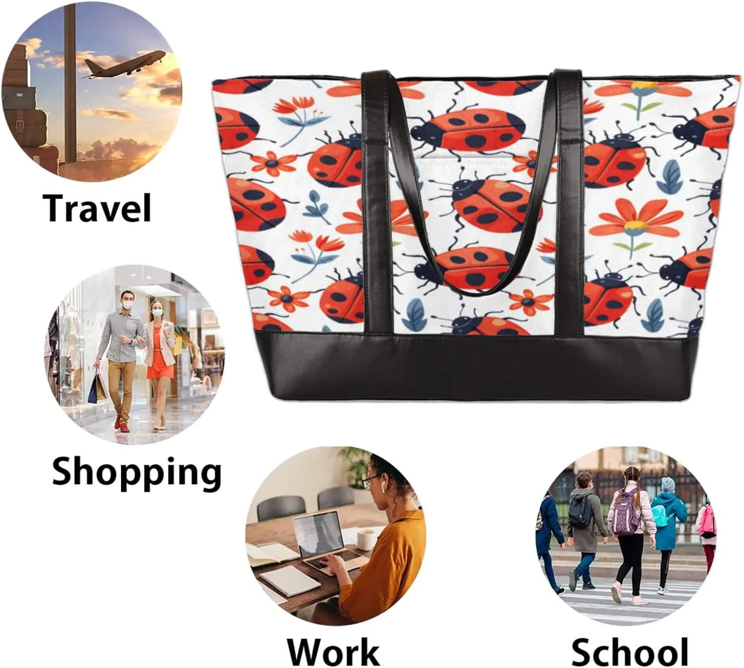 Women Tote Bag with Zipper, Shopper Handbag Travel Purse, PU Leather Laptop Tote Bags, Weekender Bags