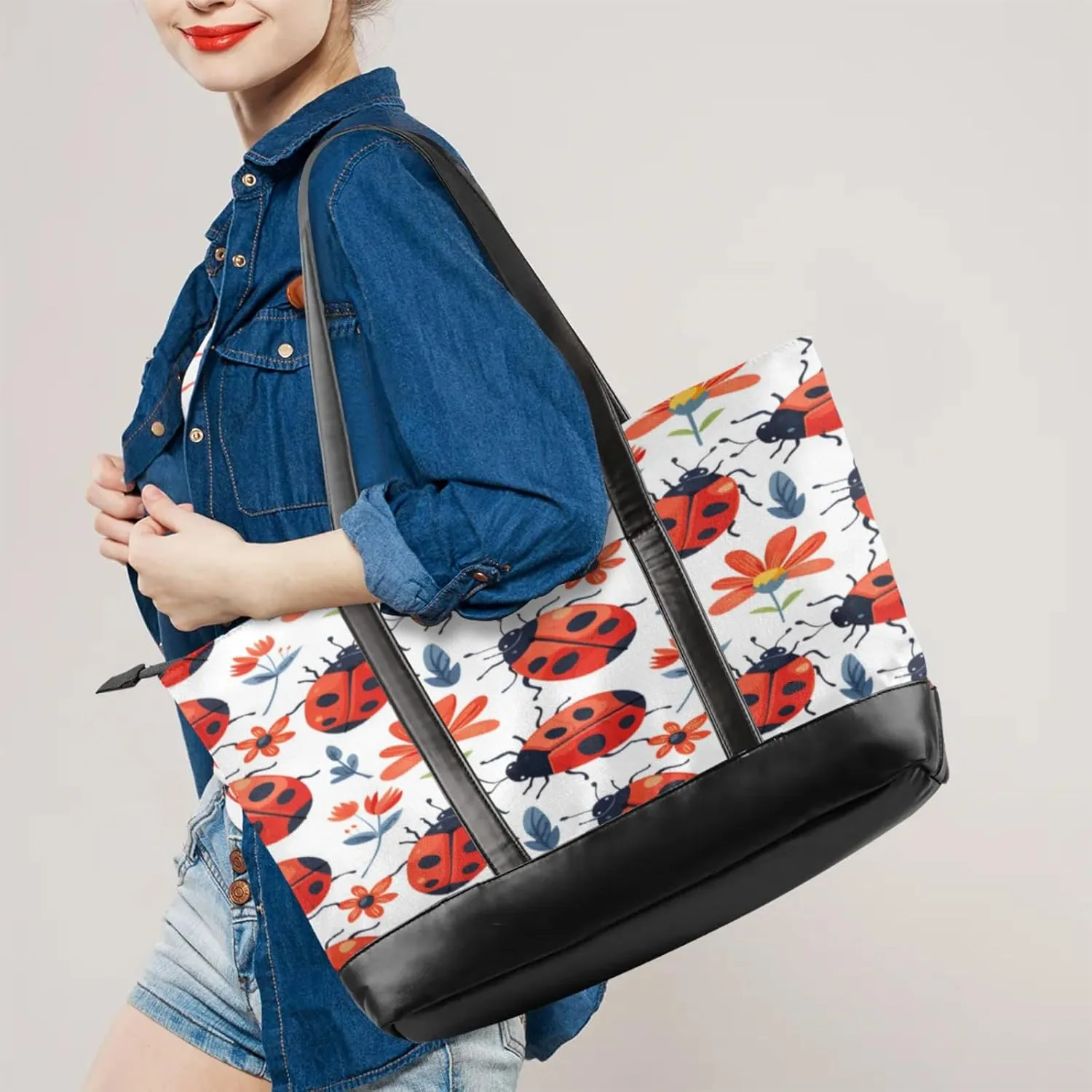 Women Tote Bag with Zipper, Shopper Handbag Travel Purse, PU Leather Laptop Tote Bags, Weekender Bags