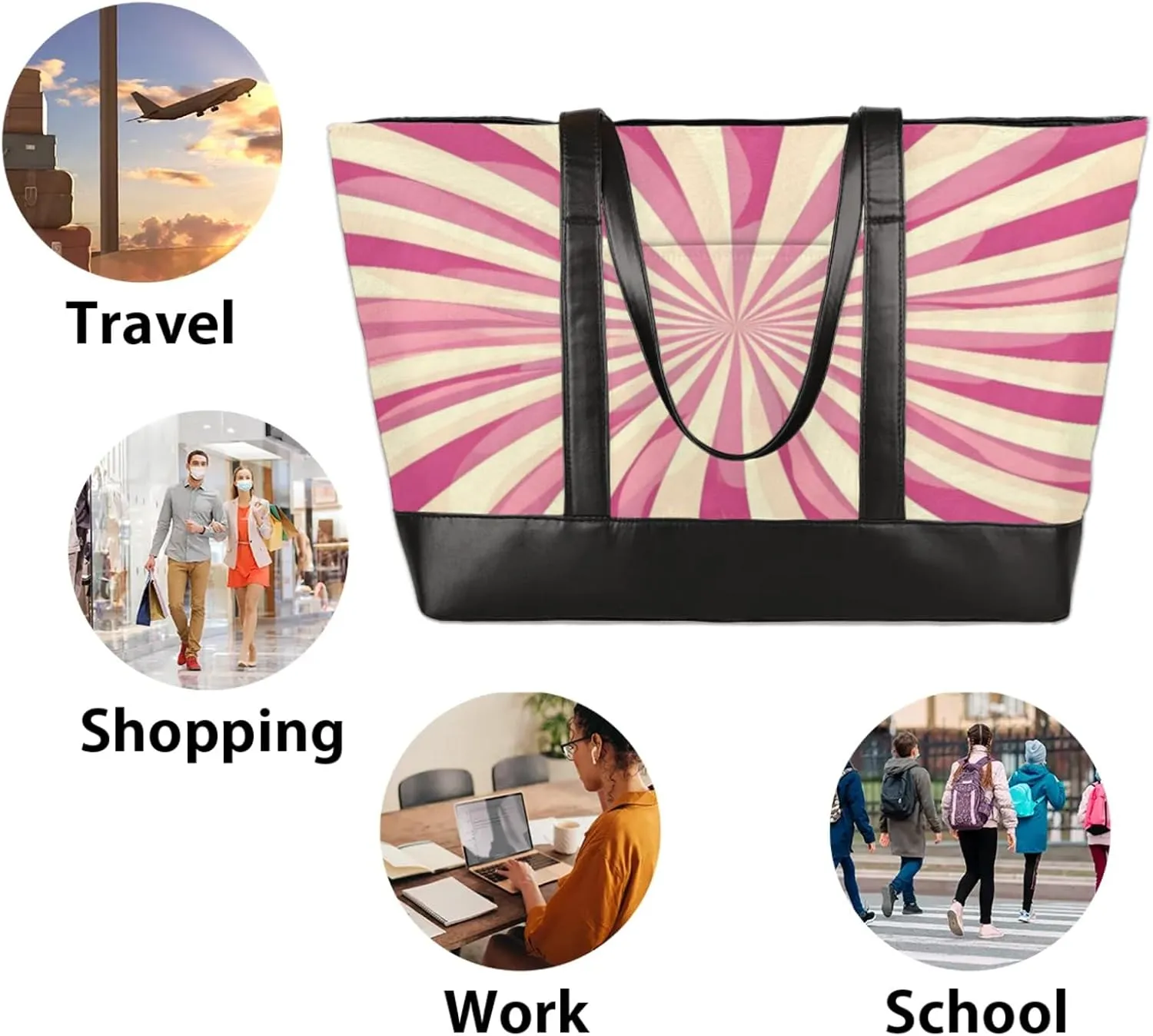 Women Tote Bag with Zipper, Shopper Handbag Travel Purse, PU Leather Laptop Tote Bags, Weekender Tote Bags